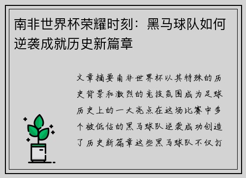 南非世界杯荣耀时刻：黑马球队如何逆袭成就历史新篇章